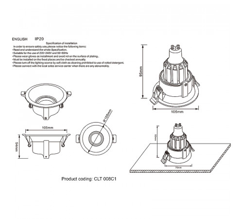 Встраиваемый светильник Crystal Lux CLT 008C1 BL Черный