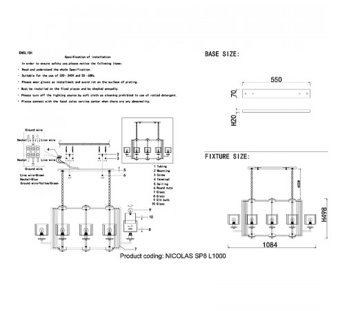 Люстра Crystal Lux Nicolas SP8 L1000 Nickel White Белая Прозрачная Никель