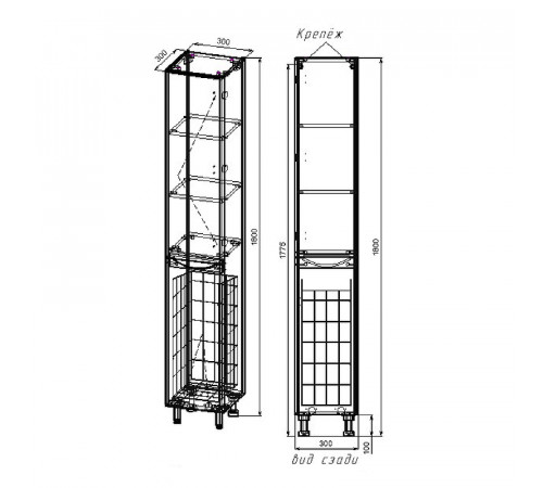 Шкаф пенал Style Line Бергамо 30 R СС-00002331 с бельевой корзиной Черный антискрейтч