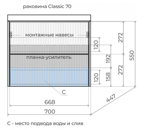 Тумба под раковину Style Line Стокгольм 70 ЛС-00002313 подвесная Белый рифленый софт