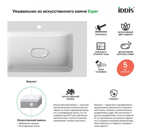 Тумба с раковиной Iddis Esper 60 ESP60W0i95K подвесная Белая