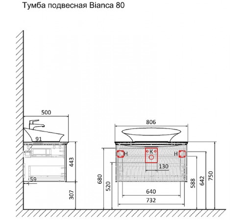 Тумба под раковину Laparet Bianca 80 BiaL.01.80/P/W подвесная Белая