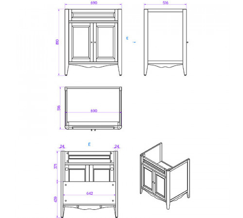 Тумба с раковиной TW Veronica Nuovo 73 VER2073-B+AR834bi*1 Bianco