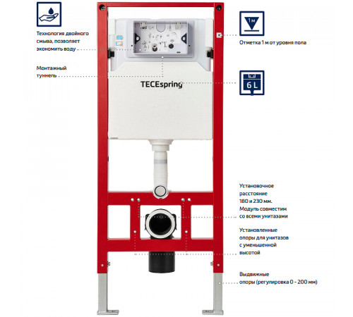 Инсталляция Tece Spring S955103 для унитаза с Белой глянцевой клавишей смыва