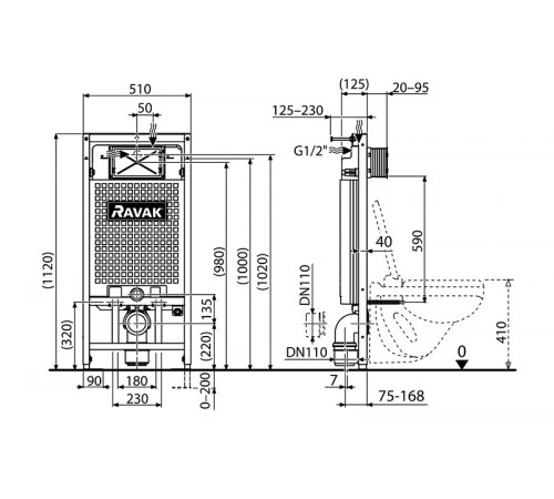 Инсталляция Ravak G II X01703 для унитаза без клавиши смыва