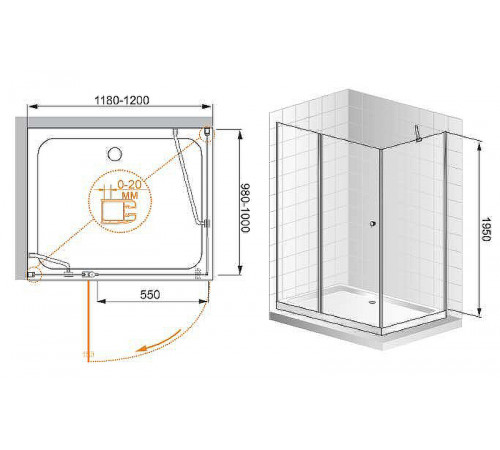 Душевой уголок Cezares Elena 120x100 L ELENA-W-AH-1-120/100-P-Cr-L профиль Хром стекло рифленое