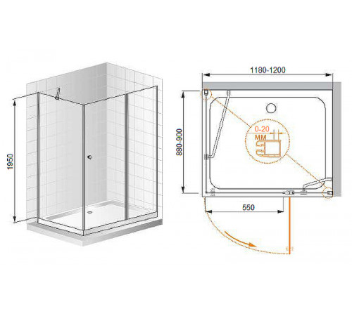 Душевой уголок Cezares Elena 120x90 R ELENA-W-AH-1-120/90-P-Cr-R профиль Хром стекло рифленое