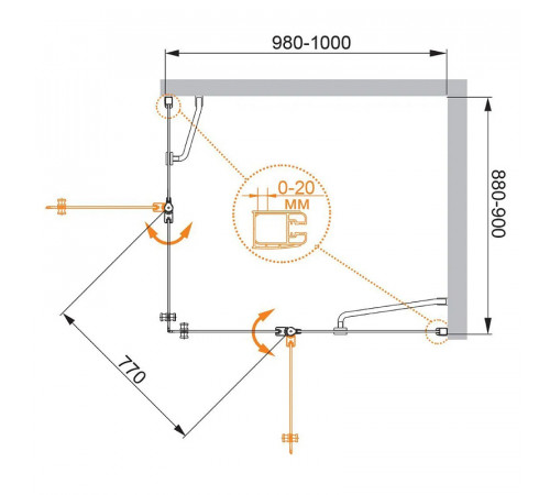 Душевой уголок Cezares Elena 100x90 R ELENA-W-AH-2-100/90-P-Cr-R профиль Хром стекло текстурное