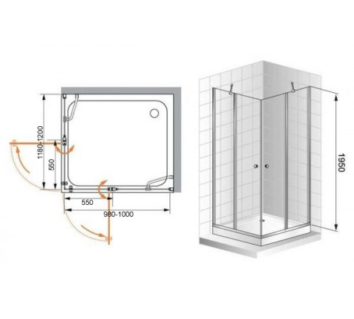 Душевой уголок Cezares Elena 120x100 ELENA-W-AH-2-120/100-P-Cr-R профиль Хром стекло рифленое