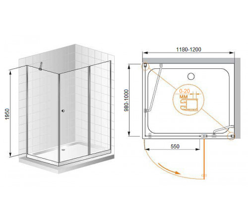 Душевой уголок Cezares Elena 120x100 R ELENA-W-AH-1-120/100-P-Cr-R профиль Хром стекло рифленое