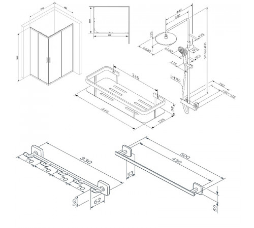 Комплект душевого уголка с душевой системой и аксессуарами AM.PM Gem S 120x80 WK93ER профиль Черный матовый стекло прозрачное