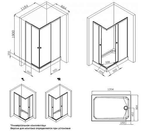 Душевой уголок AM.PM X-Joy 120х90 W94G-403-12090-MТ профиль Хром матовый стекло прозрачное