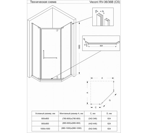 Душевой уголок Veconi Rovigo RV-36B 100x100 RV36B-100-01-C5 профиль Черный матовый стекло прозрачное