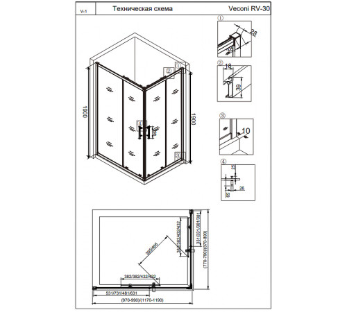 Душевой уголок Veconi Rovigo RV-30B 100х90 RV30B-10090-01-C3 профиль Черный матовый стекло прозрачное