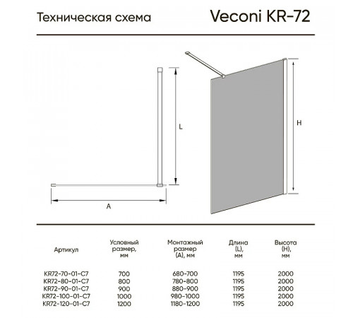 Душевая перегородка Veconi Korato KR-72 80 KR72-80-01-C7 профиль Хром стекло прозрачное