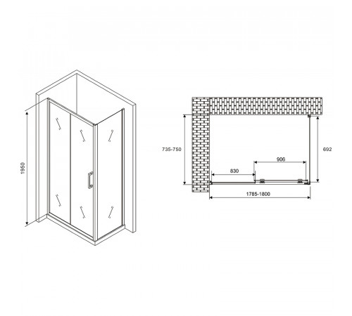 Душевой уголок Abber Schwarzer Diamant 180x75 AG30180B-S75B профиль Черный стекло прозрачное