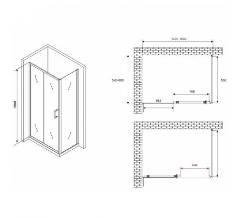 Душевой уголок Abber Schwarzer Diamant 150x60 AG301505-S605 профиль Хром стекло прозрачное