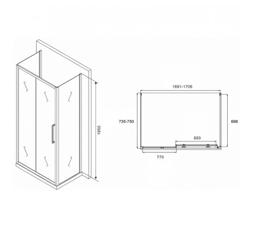 Душевой уголок Abber Schwarzer Diamant 170x75 AG30170H-S75-S75 профиль Хром стекло прозрачное