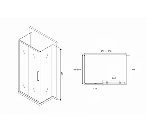 Душевой уголок Abber Schwarzer Diamant 160x80 AG30160H-S80-S80 профиль Хром стекло прозрачное