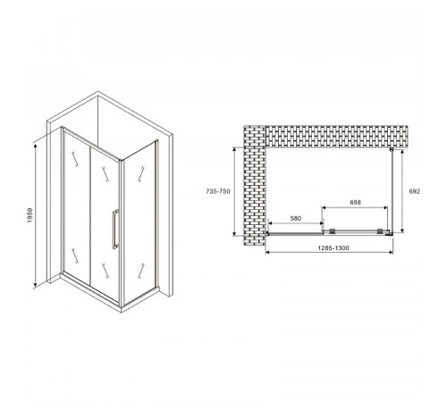 Душевой уголок Abber Schwarzer Diamant 130x75 AG30130MH-S75M профиль Хром стекло матовое