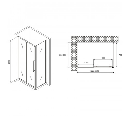 Душевой уголок Abber Schwarzer Diamant 110x85 AG30110H-S85 профиль Хром стекло прозрачное