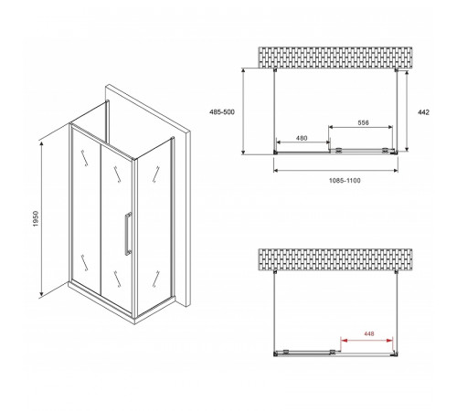 Душевой уголок Abber Schwarzer Diamant 110x50 AG30110H-S50-S50 профиль Хром стекло прозрачное