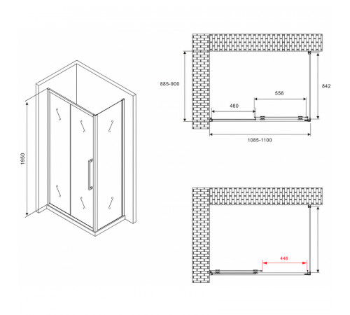 Душевой уголок Abber Schwarzer Diamant 110x90 AG30110BMH-S90BM профиль Черный стекло матовое