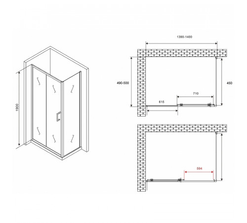 Душевой уголок Abber Schwarzer Diamant 140x50 AG30140B5-S50B5 профиль Черный стекло прозрачное