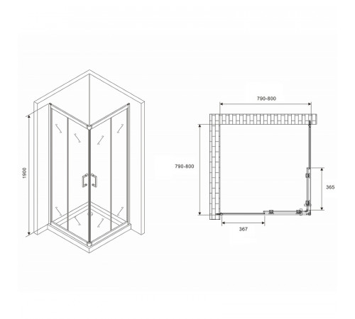 Душевой уголок Abber Schwarzer Diamant 80x80 AG02080B5 профиль Черный стекло прозрачное