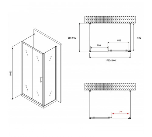 Душевой уголок Abber Schwarzer Diamant 180x60 AG30180B-S60B-S60B профиль Черный стекло прозрачное