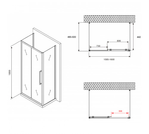 Душевой уголок Abber Schwarzer Diamant 160x50 AG30160BH-S50B-S50B профиль Черный стекло прозрачное