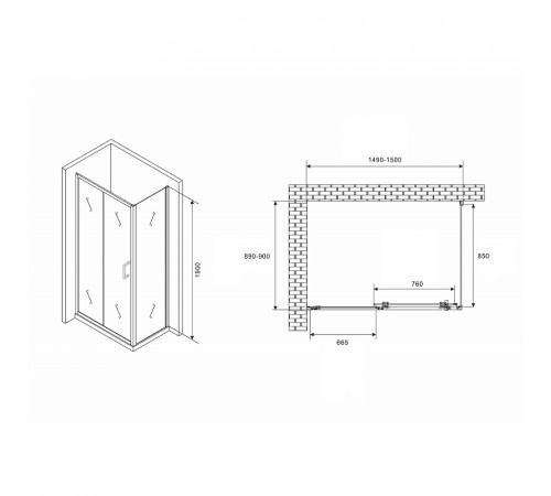 Душевой уголок Abber Schwarzer Diamant 150x90 AG30150B5-S90B5 профиль Черный стекло прозрачное