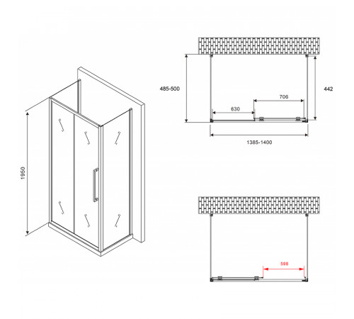 Душевой уголок Abber Schwarzer Diamant 140x50 AG30140H-S50-S50 профиль Хром стекло прозрачное