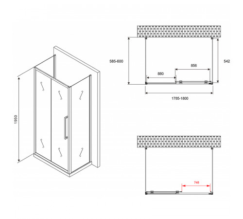 Душевой уголок Abber Schwarzer Diamant 180x60 AG30180BH-S60B-S60B профиль Черный стекло прозрачное