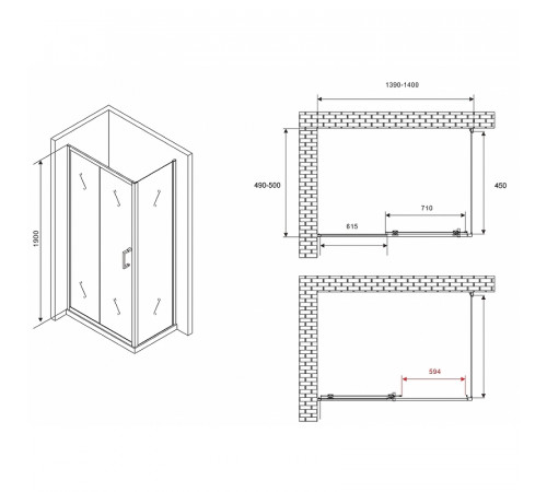 Душевой уголок Abber Schwarzer Diamant 140x50 AG301405-S505 профиль Хром стекло прозрачное