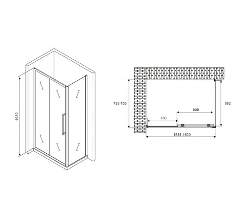 Душевой уголок Abber Schwarzer Diamant 160x75 AG30160H-S75 профиль Хром стекло прозрачное