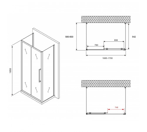 Душевой уголок Abber Schwarzer Diamant 170x60 AG30170H-S60-S60 профиль Хром стекло прозрачное