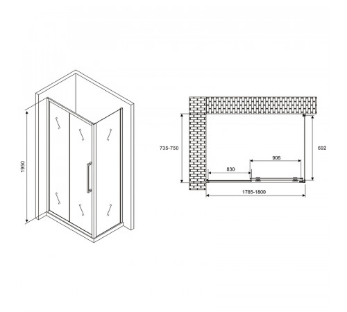 Душевой уголок Abber Schwarzer Diamant 180x75 AG30180BH-S75B профиль Черный стекло прозрачное