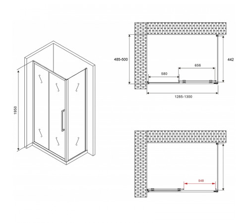 Душевой уголок Abber Schwarzer Diamant 130x50 AG30130BH-S50B профиль Черный стекло прозрачное