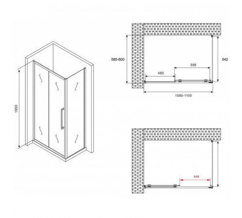 Душевой уголок Abber Schwarzer Diamant 110x60 AG30110BH-S60B профиль Черный стекло прозрачное