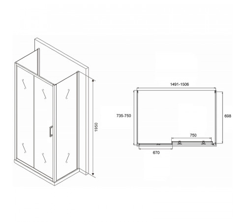 Душевой уголок Abber Schwarzer Diamant 150x75 AG30150B-S75B-S75B профиль Черный стекло прозрачное