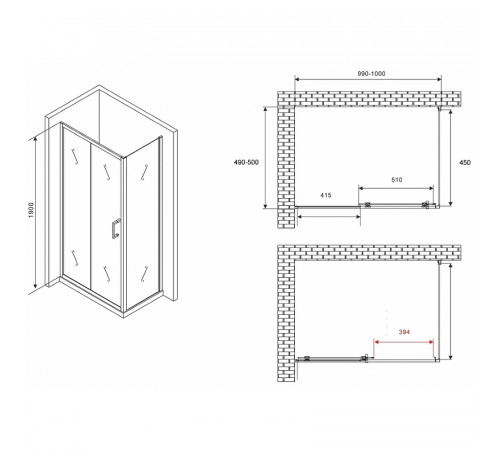 Душевой уголок Abber Schwarzer Diamant 100x50 AG30100B5-S50B5 профиль Черный стекло прозрачное