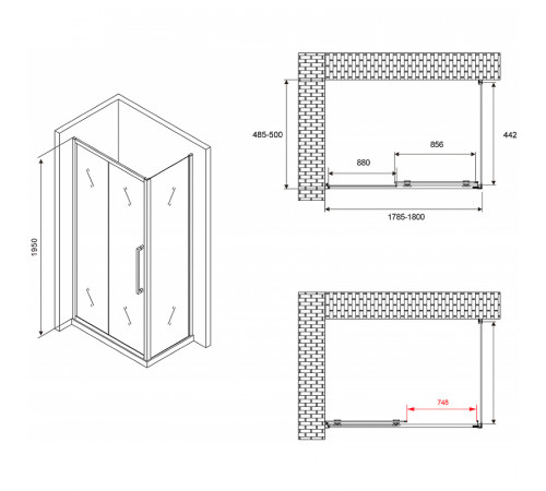 Душевой уголок Abber Schwarzer Diamant 180x50 AG30180BH-S50B профиль Черный стекло прозрачное