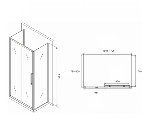 Душевой уголок Abber Schwarzer Diamant 170x80 AG30170MH-S80M-S80M профиль Хром стекло матовое