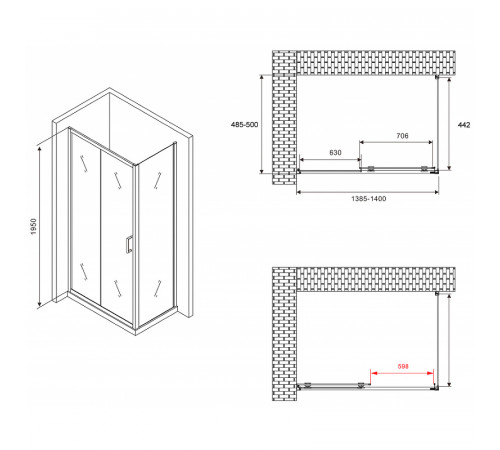 Душевой уголок Abber Schwarzer Diamant 140x50 AG30140B-S50B профиль Черный стекло прозрачное