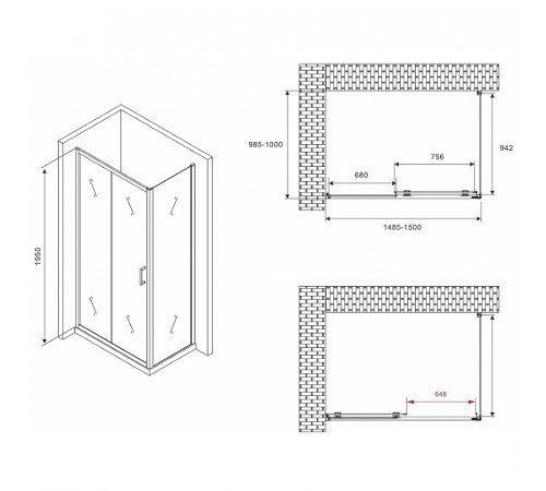 Душевой уголок Abber Schwarzer Diamant 150x100 AG30150B-S100B профиль Черный стекло прозрачное