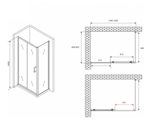 Душевой уголок Abber Schwarzer Diamant 120x90 AG30120B5-S90B5 профиль Черный стекло прозрачное