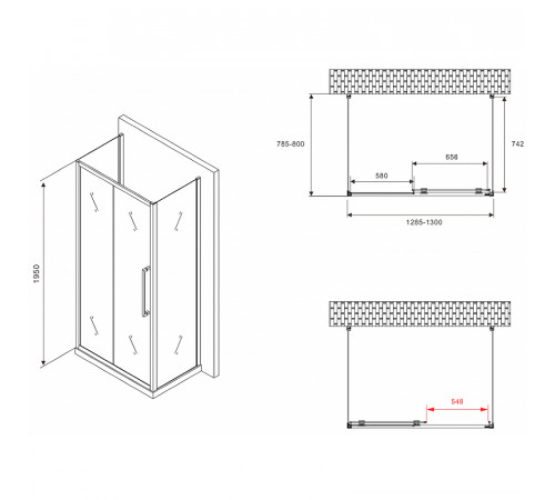 Душевой уголок Abber Schwarzer Diamant 130x80 AG30130BMH-S80BM-S80BM профиль Черный стекло матовое