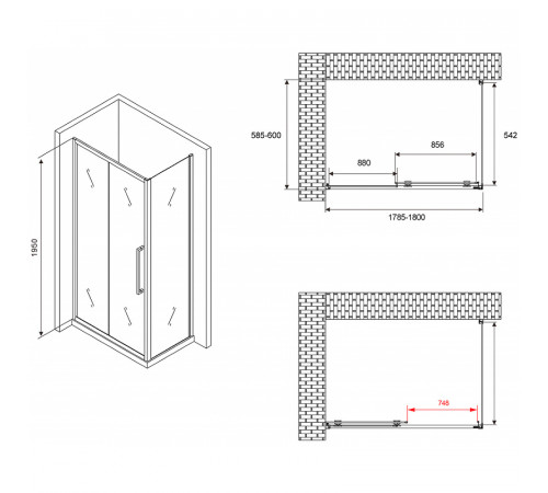 Душевой уголок Abber Schwarzer Diamant 180x60 AG30180BH-S60B профиль Черный стекло прозрачное