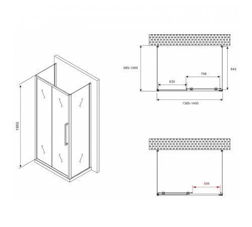 Душевой уголок Abber Schwarzer Diamant 140x100 AG30140BMH-S100BM-S100BM профиль Черный стекло матовое